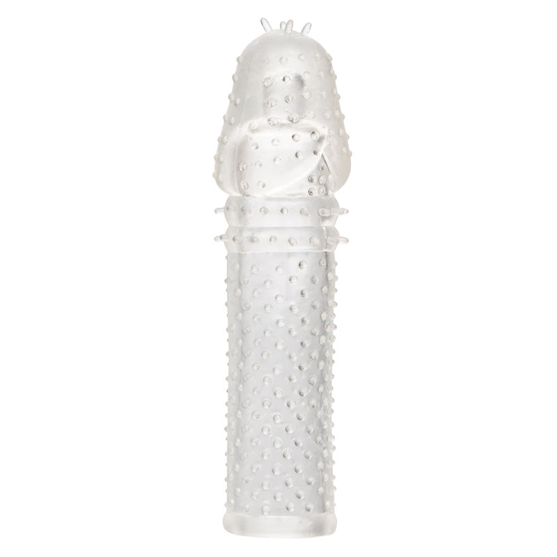Clear textured penis enhancement sleeve on a white background