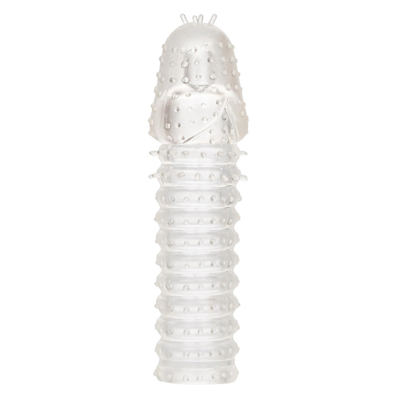 Clear textured penis enhancement sleeve on a white background