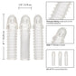Set of three clear textured penis sleeves with measurements and details on a white background