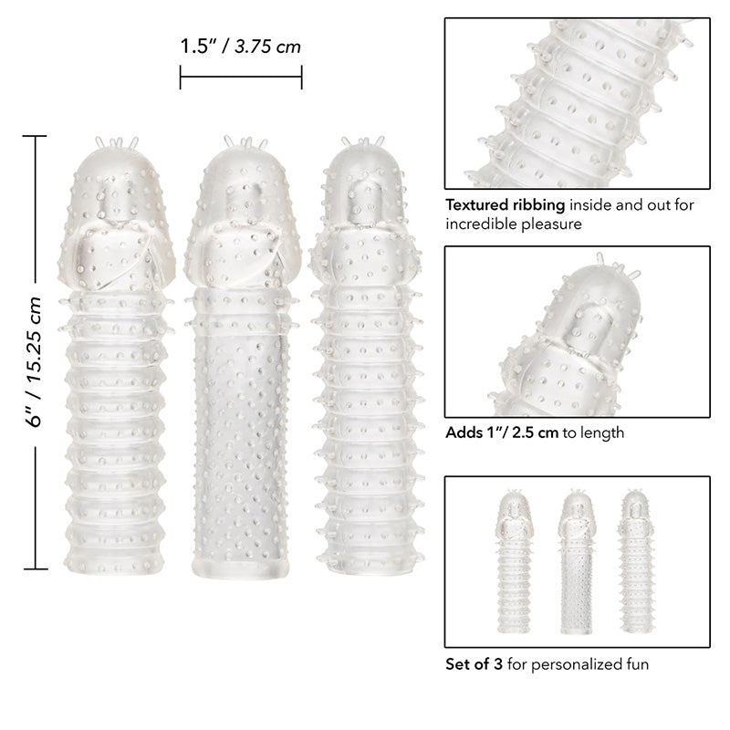 Set of three clear textured penis sleeves with measurements and details on a white background