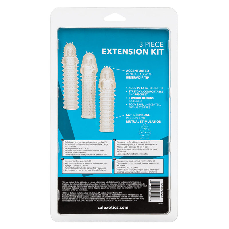 CalExotics 3-piece extension kit packaging with text and images on a white background