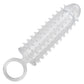 Clear textured penis extension sleeve with closed and and scrotum loop on a white background