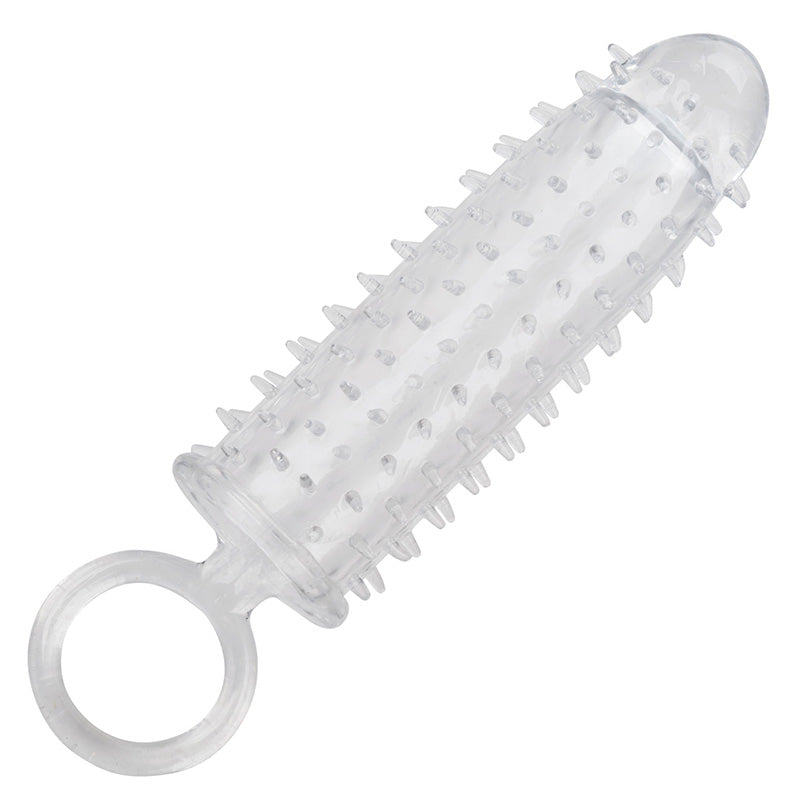 Clear textured penis extension sleeve with closed and and scrotum loop on a white background