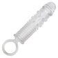 Clear textured penis extension sleeve with closed and and scrotum loop on a white background