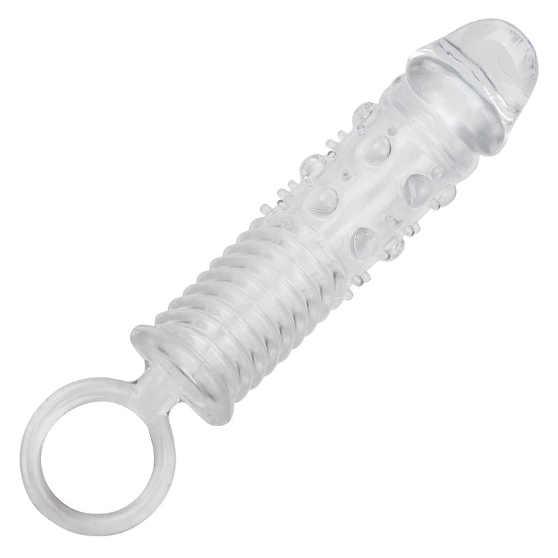 Clear textured penis extension sleeve with closed and and scrotum loop on a white background