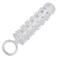 Clear textured penis extension sleeve with closed and and scrotum loop on a white background