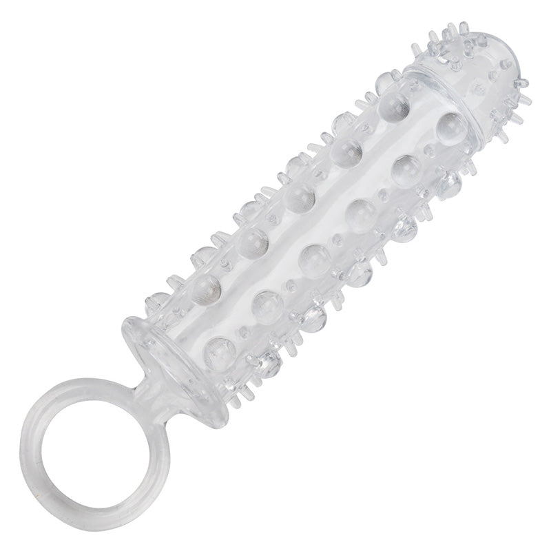 Clear textured penis extension sleeve with closed and and scrotum loop on a white background