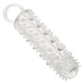 Clear textured penis extension sleeve with closed and and scrotum loop on a white background