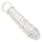 Clear textured penis extension sleeve with closed and and scrotum loop on a white background