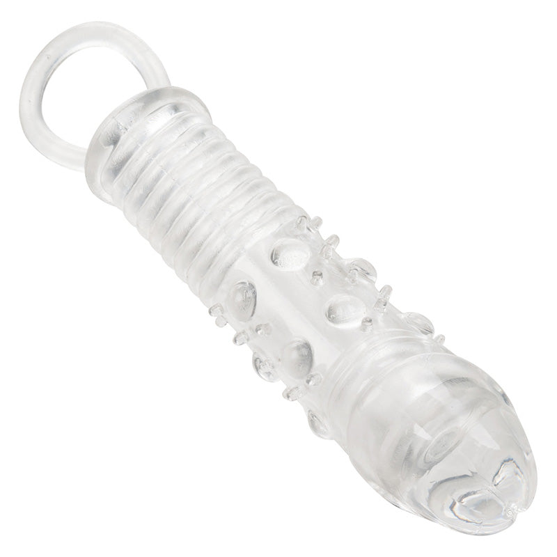 Clear textured penis extension sleeve with closed and and scrotum loop on a white background