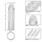 Textured penis extension sleeves with measurements and texture details on a white background