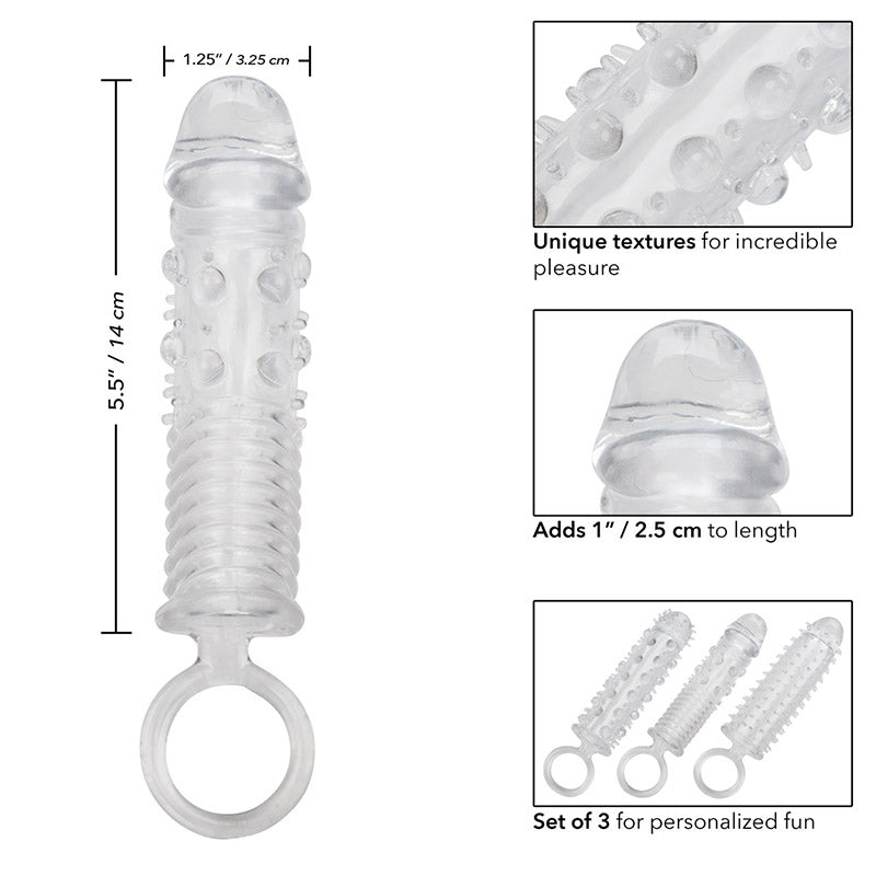 Textured penis extension sleeves with measurements and texture details on a white background