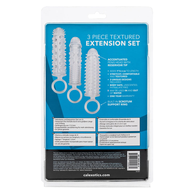 Back of packaging of the CalExotics 3-Piece Textured Extension Set with blue background and product images and features.