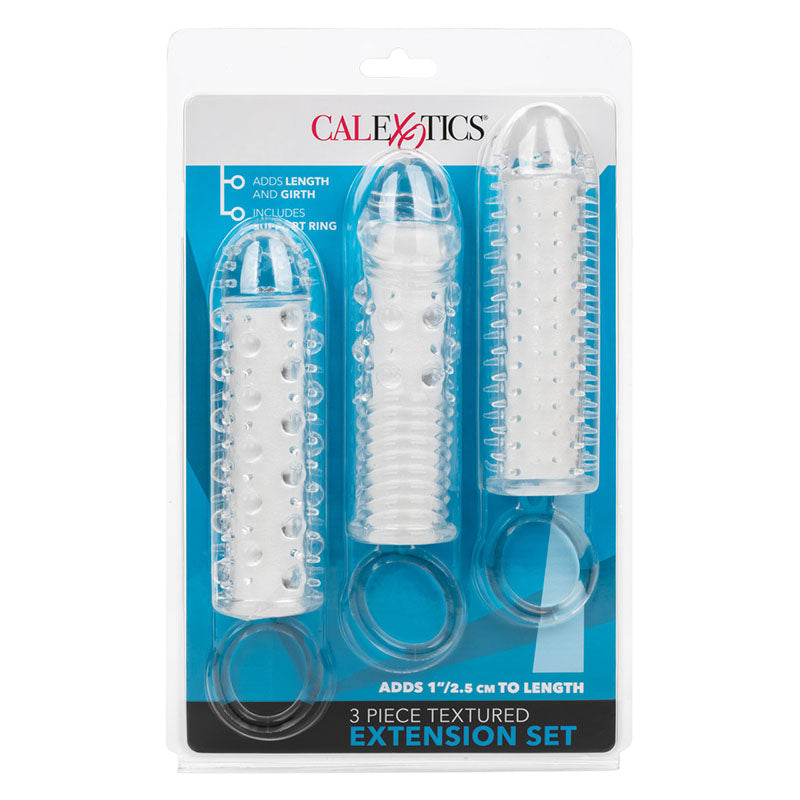 Packaged set of three clear textured penis extension sleeves with CalExotics branding on a white background.