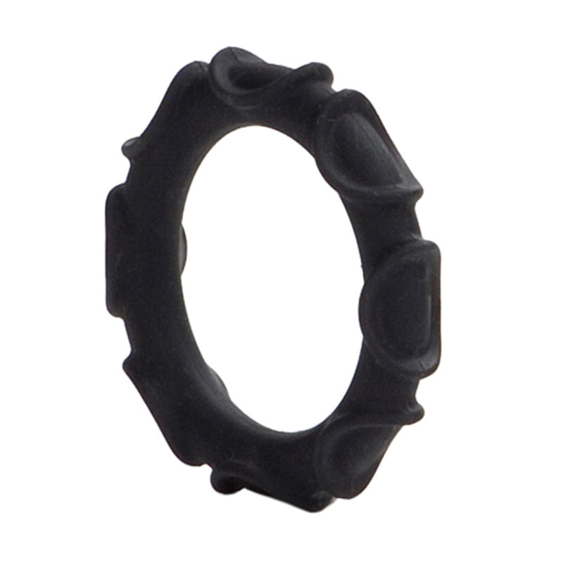 Black textured silicone cock ring on a white background