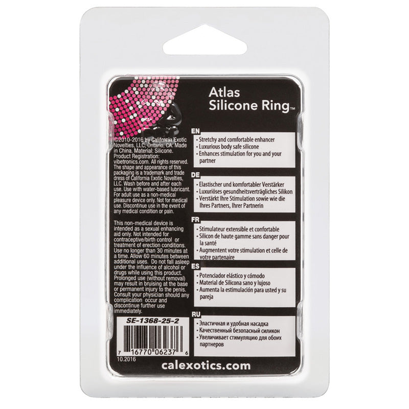 Back of product packaging for CalExotics Atlas Silicone Ring on a white background