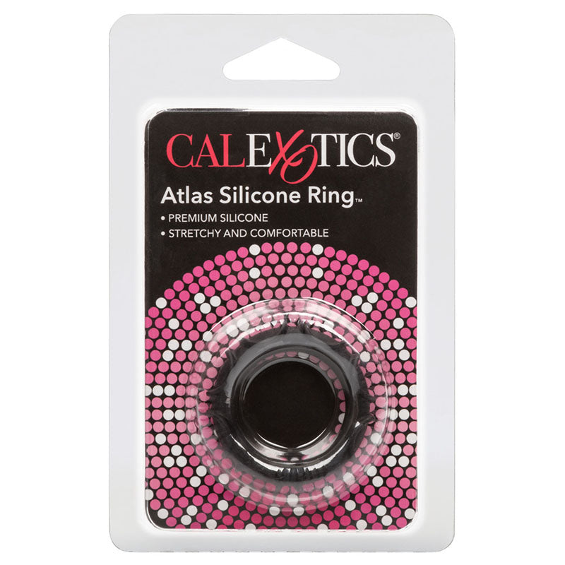 Front of product packaging for CalExotics Atlas Silicone Ring on a white background