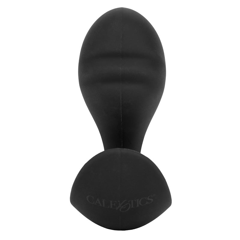 Textured black silicone butt plug with 'CalExotics' branding on a white background