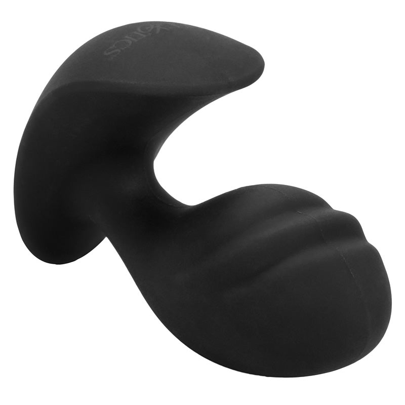 Textured black silicone butt plug with 'CalExotics' branding on a white background