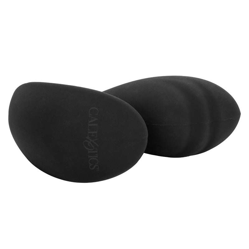 Textured black silicone butt plug with 'CalExotics' branding on a white background