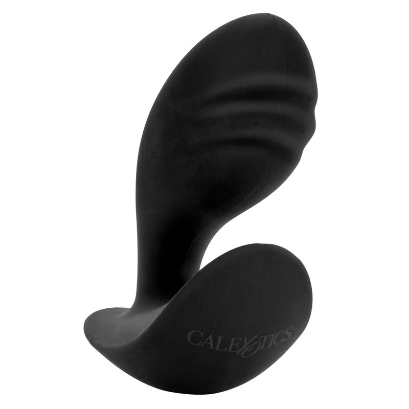 Textured black silicone butt plug with 'CalExotics' branding on a white background