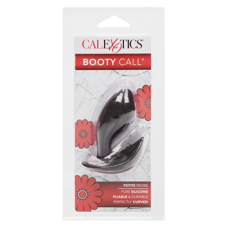Product packaging of 'Booty Call' black butt plug on a white background