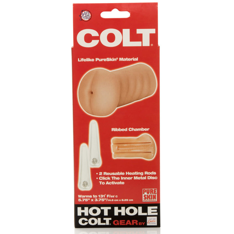 Back of product packaging for CalExotics SE6884-01-3 Colt Hot Hole Warming Masturbator