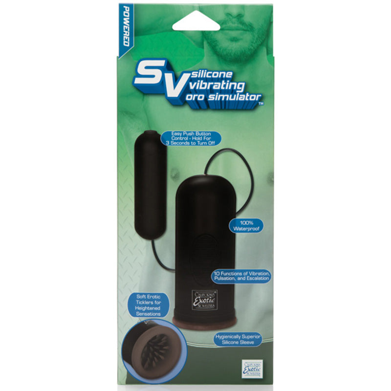 Back of product packaging for CalExotics SE1006-10-3 Silicone Vibrating Oro Stimulator Male Masturbator
