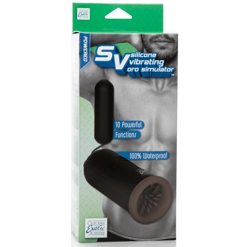 Front of product packaging for CalExotics SE1006-10-3 Silicone Vibrating Oro Stimulator Male Masturbator