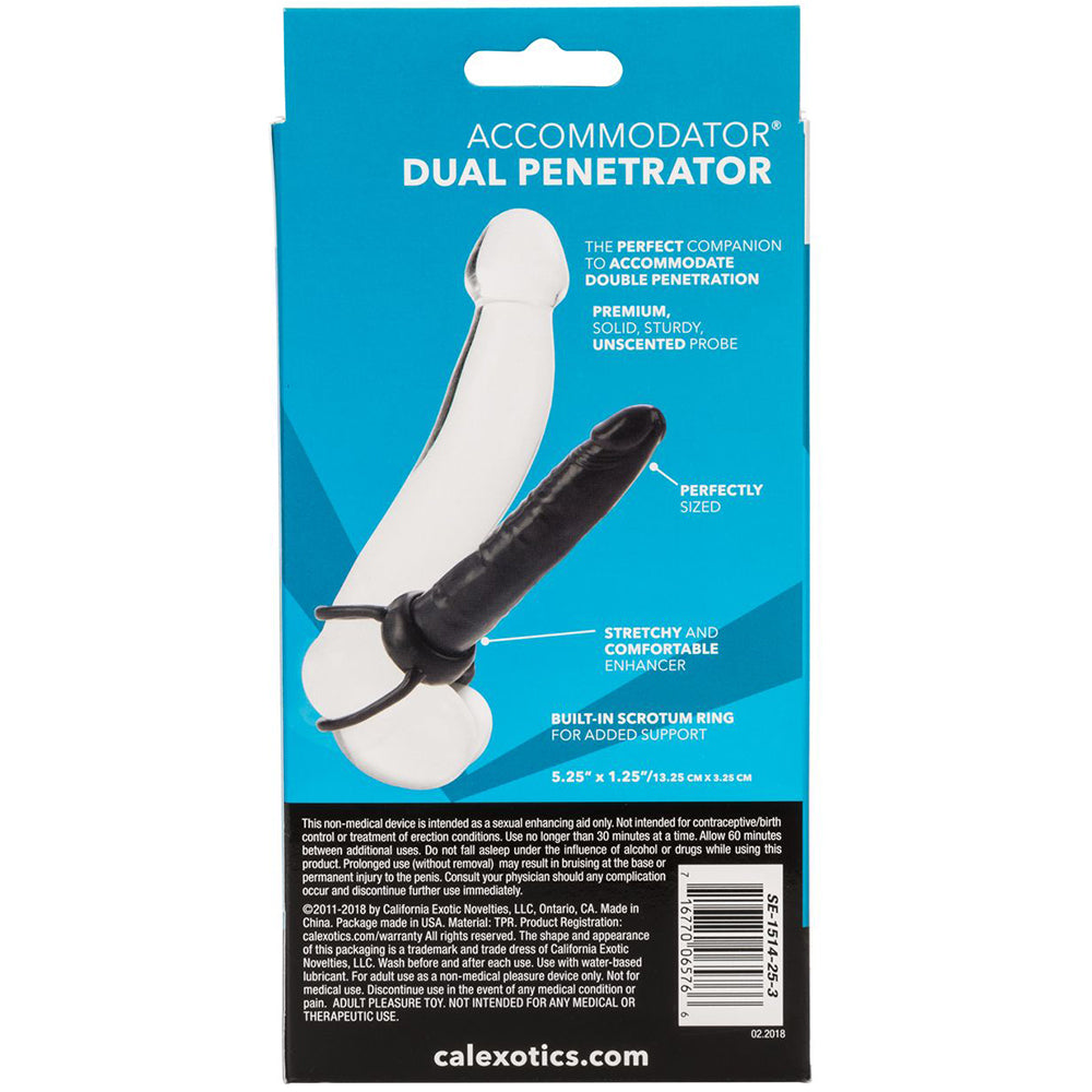 Back of product packaging for CalExotics Accommodator Dual Penetrator on a white background