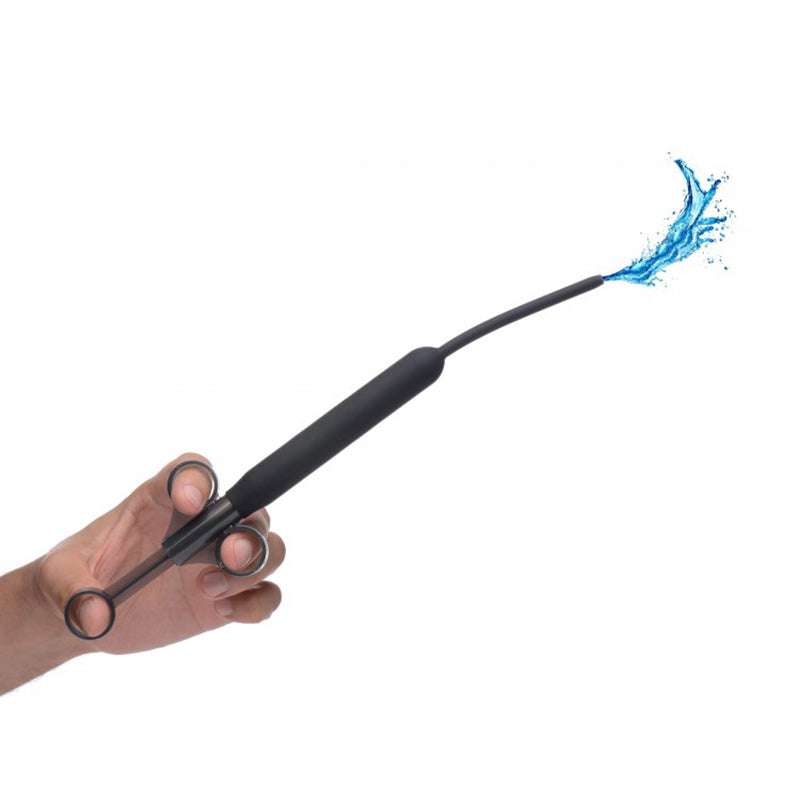 Hand holding XR Brands AG326 Clean Stream Deep Shot Lubricant Launcher squirting blue liquid