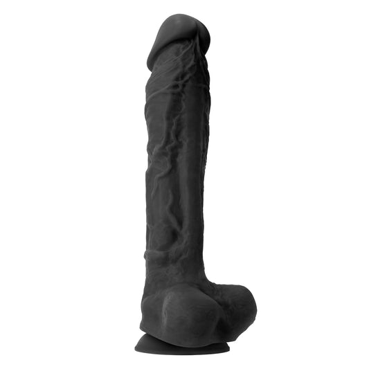 Large black realistic silicone dildo with vein detailing and suction cup base on a white background