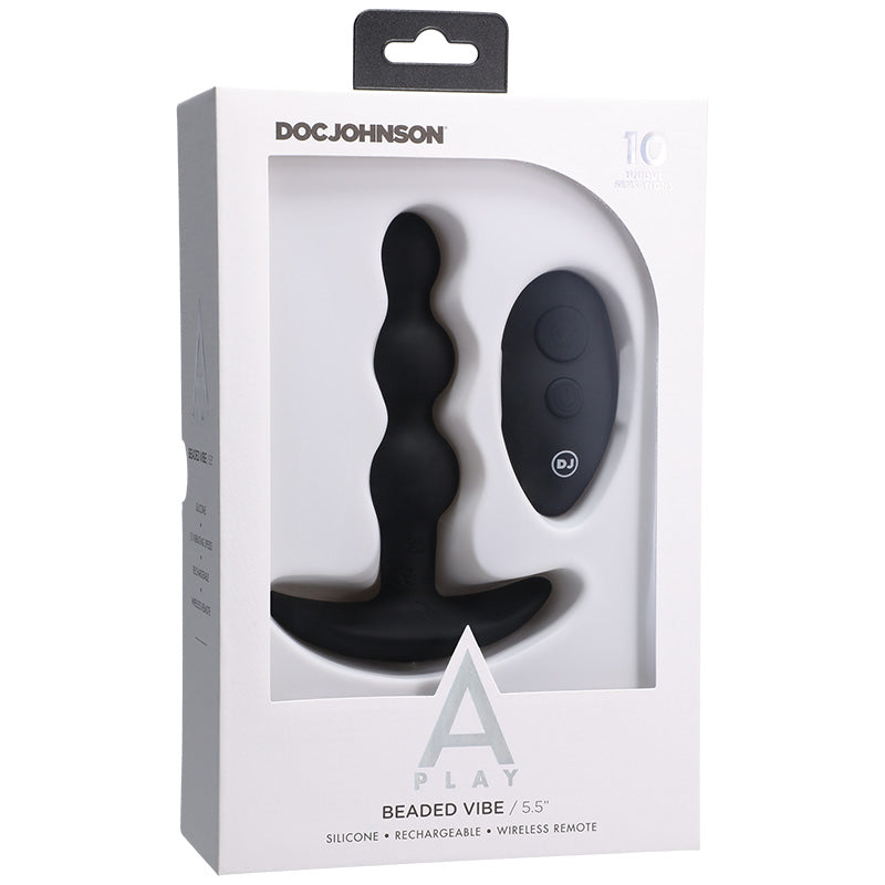 Product packaging for Doc Johnson A-Play Beaded Vibe 5.5" anal plug, advertising 10 functions, silicone, rechargeable, and wireless remote.