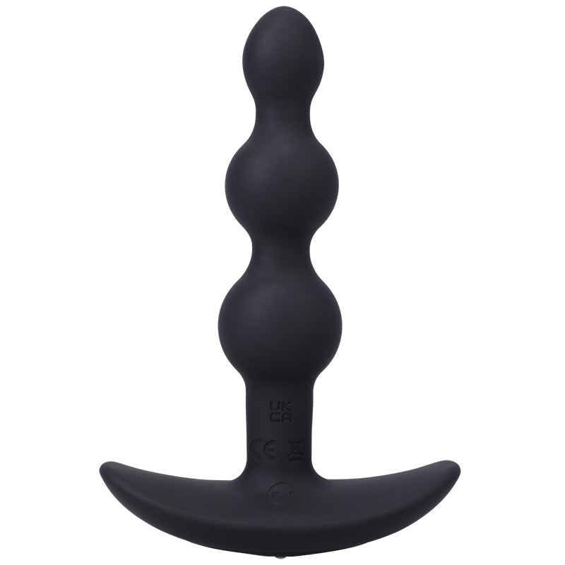 Side view of Doc Johnson A-Play Beaded Vibe black silicone anal plug with graduated beaded design