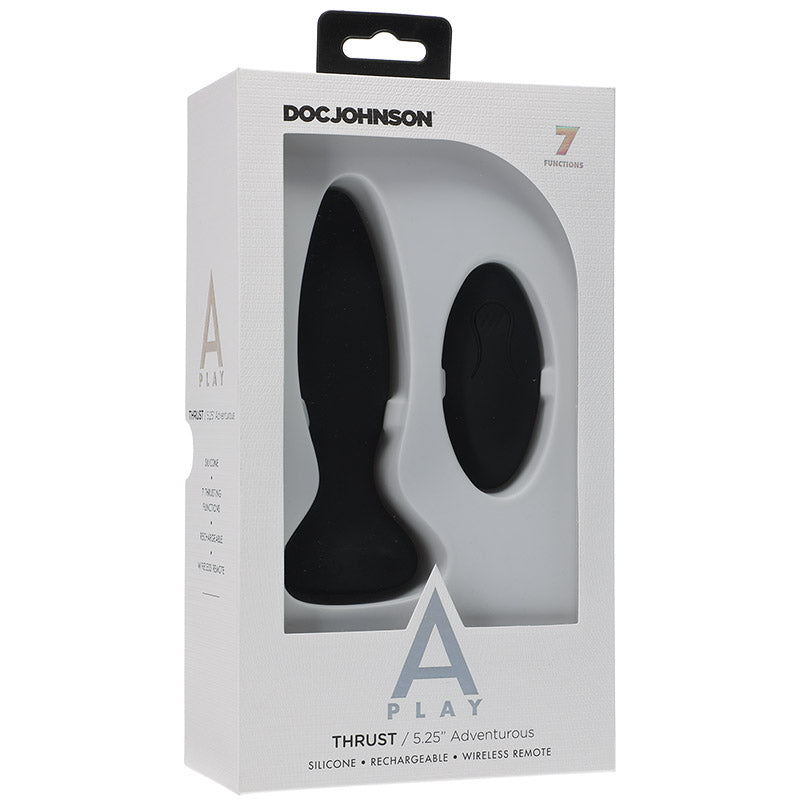 Product packaging for a Doc Johnson A Play Thrust 5.25" Adventurous anal plug, advertising 7 functions, silicone, rechargeable, and wireless remote