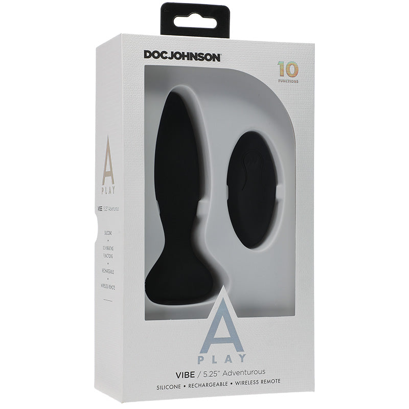 Product packaging for Doc Johnson A-Play Vibe 5.25" Adventurous anal plug advertising 10 functions, silicone, rechargeable, and wireless remote