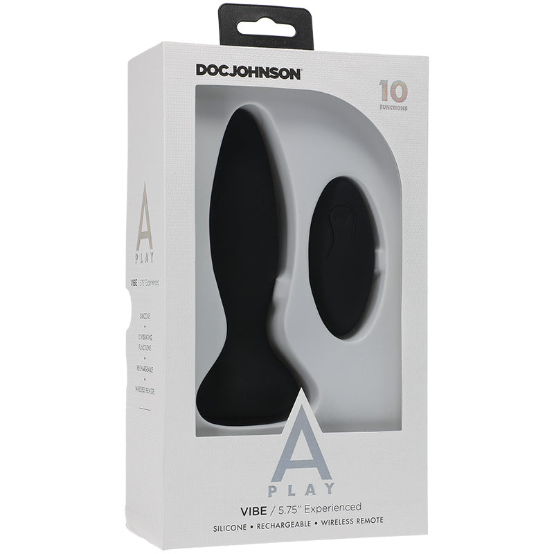 Product packaging for Doc Johnson A Play Vibe 5.75" Experienced anal plug advertising 10 functions, silicone, rechargeable, and wireless remote