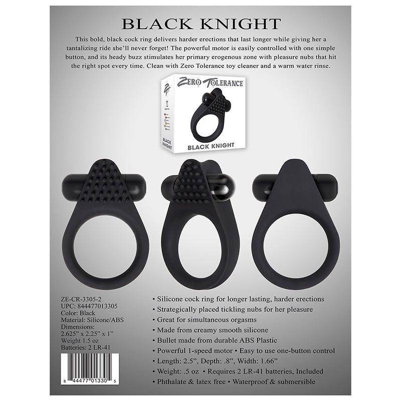 Back of Black Knight vibrating silicone cock ring packaging with product details on a grey background