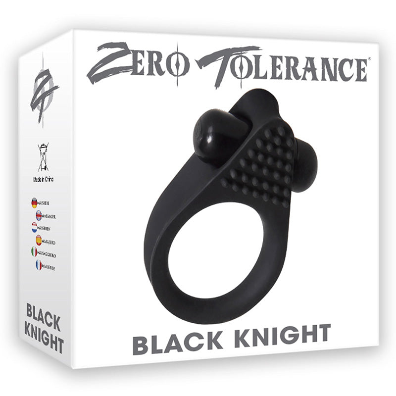 Zero Tolerance Black Knight vibrating cock ring packaging on a white background