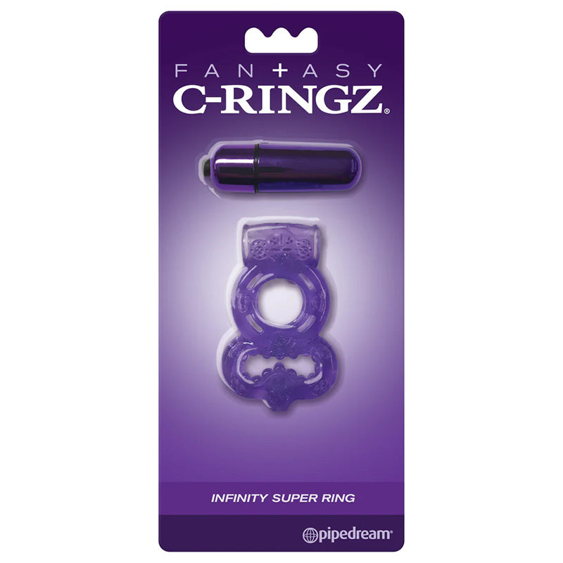 Purple packaging of a 'Fantasy C-Ringz Infinity Super Ring' cock and ball ring and vibrating bullet on a white background
