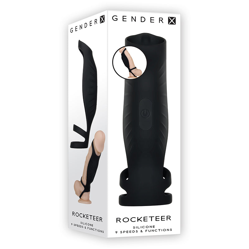 Product packaging for Gender X Rocketeer black cock sheath on a white background