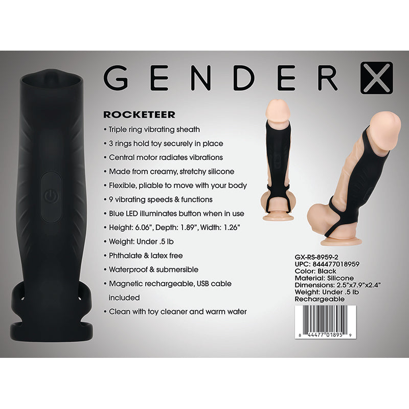 Back of product packaging for Gender X Rocketeer black cock sheath with product features and product images