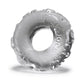 Clear textured jelly cock ring with 'Atomic Jock' lettering on a white background