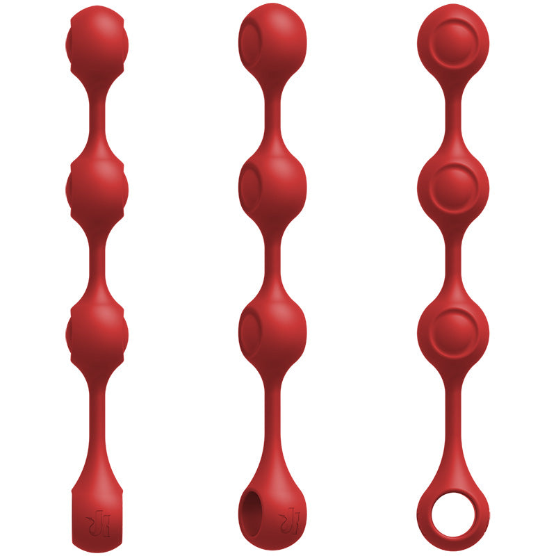 Three images of red Kink Weighted Silicone Anal Balls turned to show texture