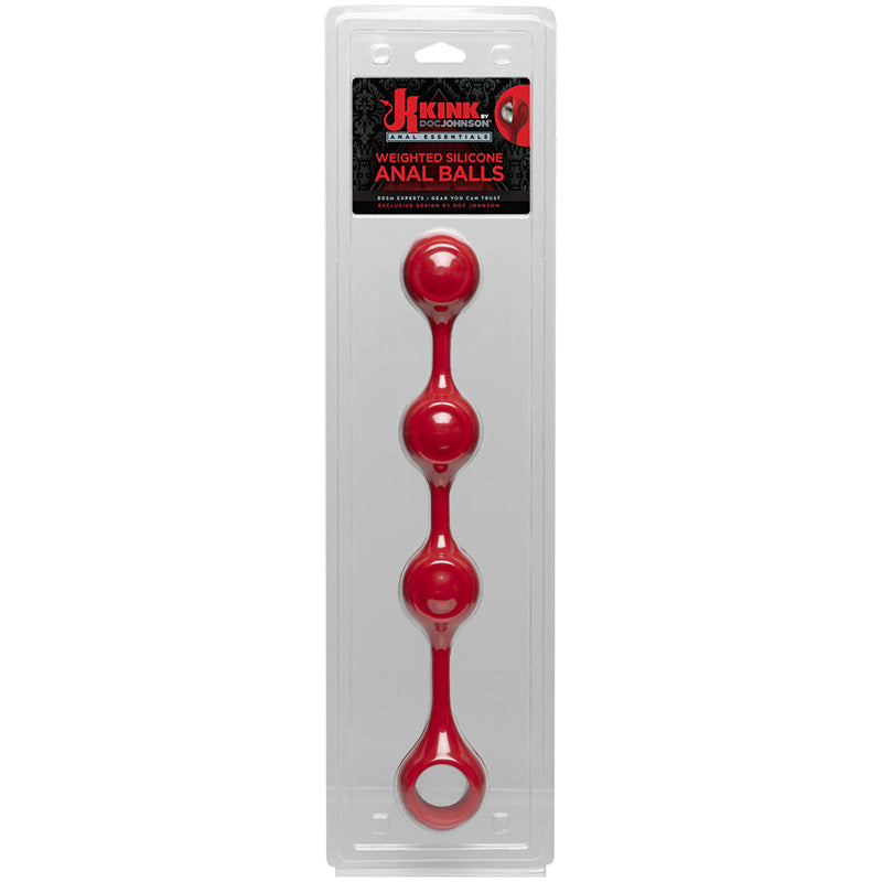 Product packaging for red Kink Weighted Silicone Anal Balls on a white background