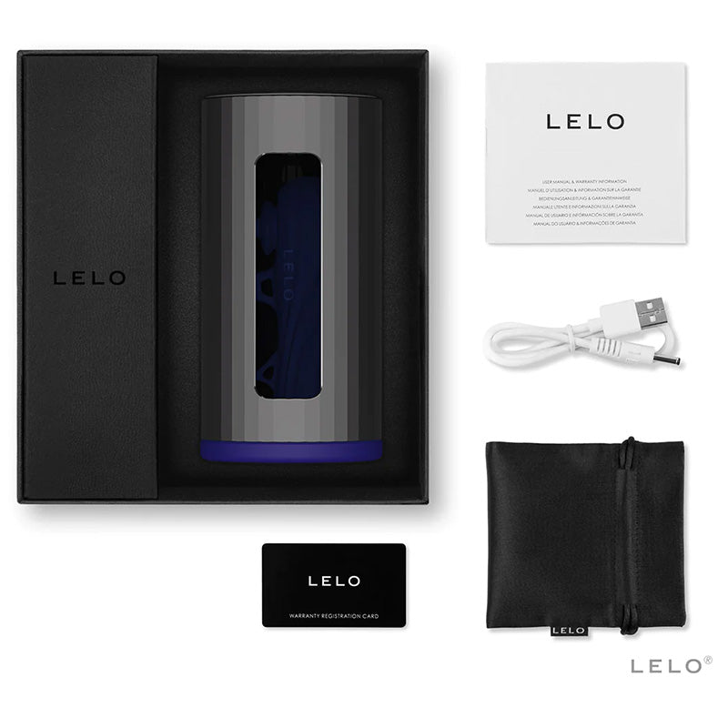 LELO F1S V2 blue product packaging with device, USB cable, and warranty card on a white background
