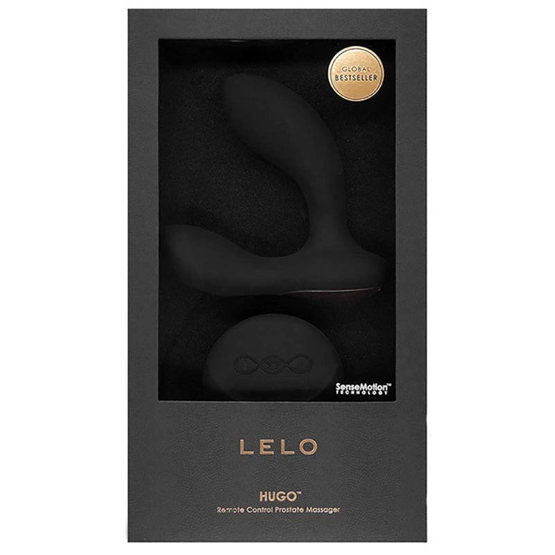 LELO Hugo remote control prostate massager in black packaging with gold accents on a white background