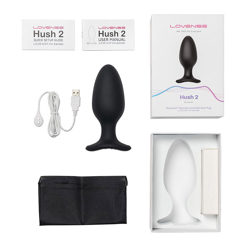 Lovense Hush 2 product with packaging, USB cable, storage pouch, and user manual on a white background