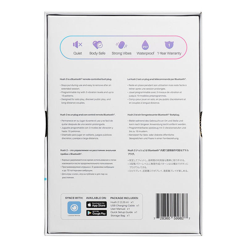 Back of product packaging for Box for Lovense Hush 2 Bluetooth Remote-Controlled Butt Plug with product features in six languages on a white background