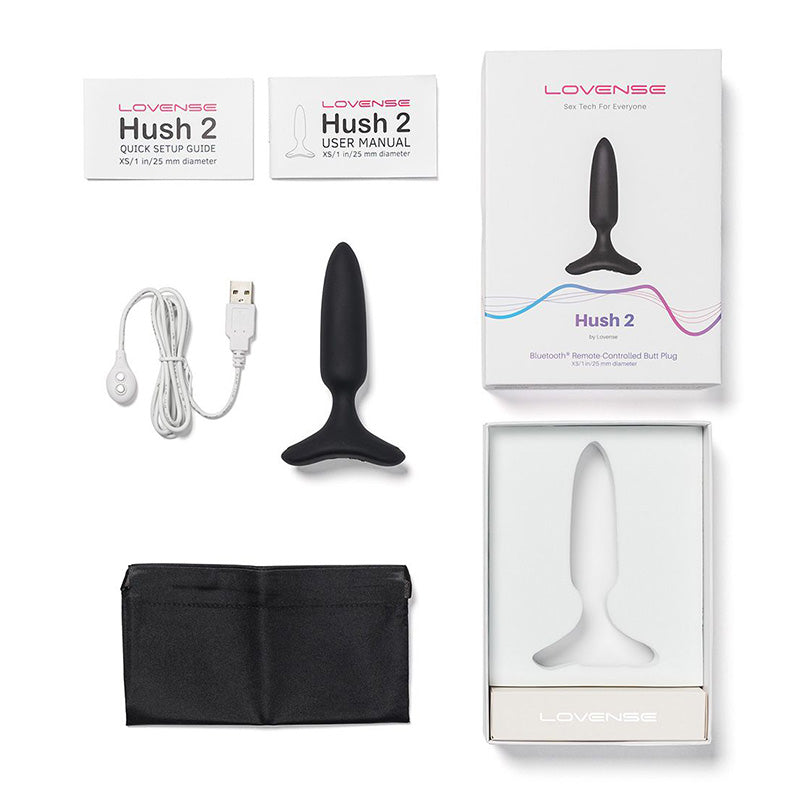 Lovense Hush 2 product with packaging, USB cable, storage pouch, and manual on a white background